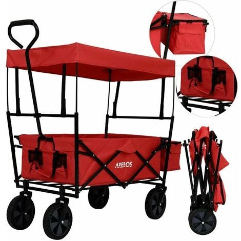 AREBOS  Bollerwagen faltbar mit Dach  Handwagen  Transportwagen  Faltwagen  Gerätewagen inkl. 2 Netztaschen und Einer Außentasche  faltbar  bis 70 kg Tragkraft  360° Vollgummireifen  Grau