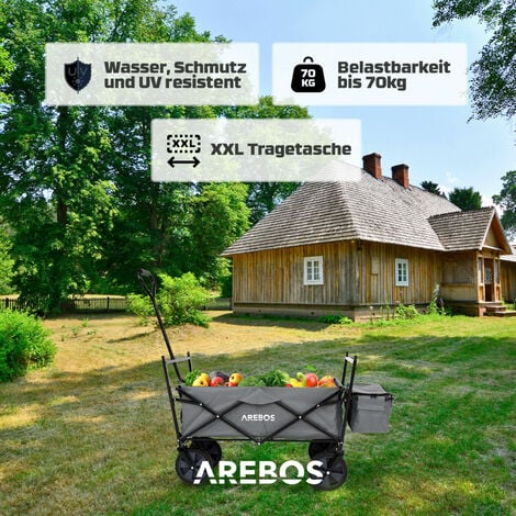AREBOS  Bollerwagen faltbar mit Dach  Handwagen  Transportwagen  Faltwagen  Gerätewagen inkl. 2 Netztaschen und Einer Außentasche  faltbar  bis 70 kg Tragkraft  360° Vollgummireifen  Grau