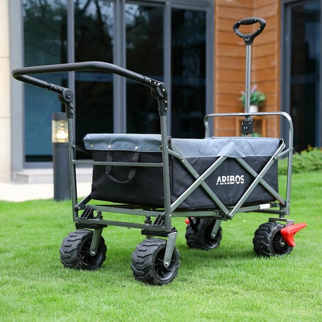 AREBOS Bollerwagen faltbar  Transportkarre  Gerätewagen  Handwagen  Faltwagen  inkl. 2 Netztaschen  mit Vorderrad-Bremsen & Teleskopstange  klappbar  bis 100 kg Tragkraft  Grau