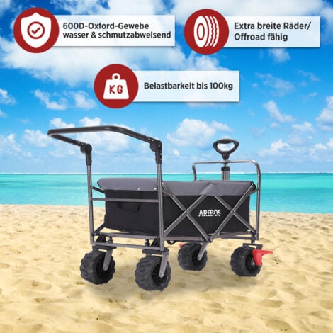 AREBOS Bollerwagen faltbar  Transportkarre  Gerätewagen  Handwagen  Faltwagen  inkl. 2 Netztaschen  mit Vorderrad-Bremsen & Teleskopstange  klappbar  bis 100 kg Tragkraft  Grau