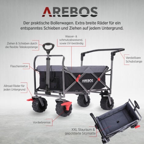 AREBOS Bollerwagen faltbar  Transportkarre  Gerätewagen  Handwagen  Faltwagen  inkl. 2 Netztaschen  mit Vorderrad-Bremsen & Teleskopstange  klappbar  bis 100 kg Tragkraft  Grau