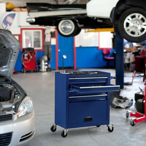 AREBOS  Werkstattwagen Blau  4 Schubladen inkl. 81-TLG. Werkzeug + gro�es Fach  inkl. Antirutschmatten  kugelgelagerte Schubladen  Transportsicherung  2 Rollen mit Feststellbremse
