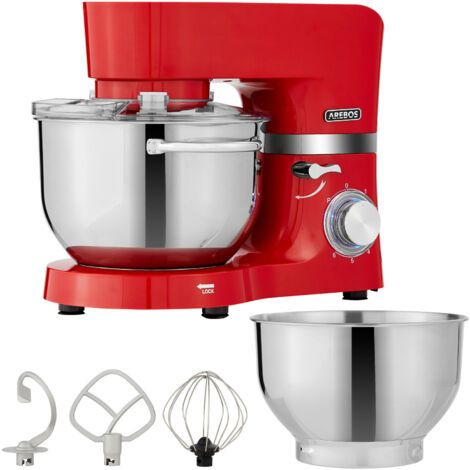 AREBOS Küchenmaschine 1500W Rot Knetmaschine mit 2x Edelstahl-Rührschüsseln 4,5 & 5,5L Geräuscharm Küchenmixer mit Rührhaken, Knethaken, Schlagbesen und Spritzschutz 6 Geschwindigkeiten