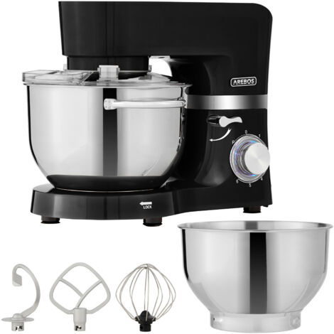 AREBOS Küchenmaschine 1500W Schwarz Knetmaschine mit Edelstahl Rührschüsseln Geräuscharm Küchenmixer mit Rührhaken Knethaken Schlagbesen und Spritzschutz 6 Geschwindigkeiten
