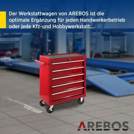 AREBOS Werkstattwagen 5 Fächer  zentral abschließbar  inkl. Antirutschmatten  kugelgelagerte Schubladen  2 Rollen mit Feststellbremse  Rot