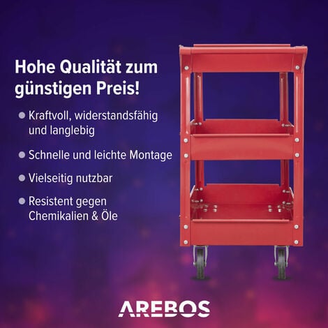 AREBOS Werkstatt-Rollwagen Montagewagen Werkzeugwagen Flexible Rollen  Belastbarkeit bis zu 100 kg 3 Fächer Rot