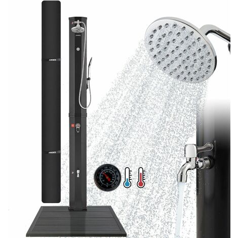 Arebos – Solardusche 60 L mit Handbrause und Thermometer – Wassertemperatur bis 60°C – UV-beständiger PVC-Tank – Inkl. Abdeckhaube und Bodenplatte (1/5)