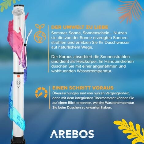 AREBOS Solardusche 40 L mit integriertem Thermometer Handbrause