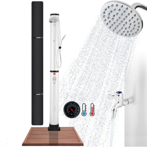 AREBOS Solardusche 40 L Premium Silber mit Bodenplatte Holzoptik
