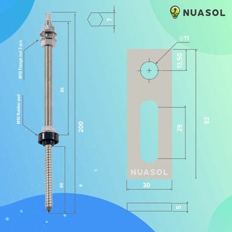 NuaSol Stockschraube mit Adapterblech M10 x200mm aus Edelstahl - 4er Pack