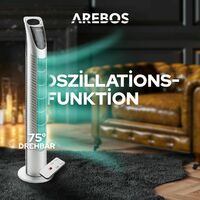 AREBOS Turmventilator mit Fernbedienung 40 Watt Silber (oszilierend, drei Stufen, Timer) - Standventilator Säulenventilator Ventilator
