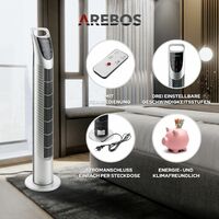 AREBOS Turmventilator mit Fernbedienung 40 Watt Silber (oszilierend, drei Stufen, Timer) - Standventilator Säulenventilator Ventilator