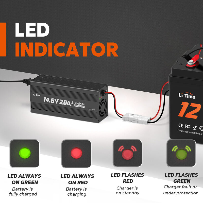 Chargeur de Batterie au Lithium 14,6V 20A POWER QUEEN pour Les Batteries  LiFePO4, LED pour Afficher l'Etat de Charge, Chargeur Batterie 12V avec 4