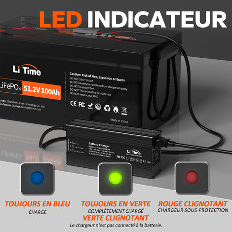 LiTime 58,4V 10A Chargeur de Batterie au Lithium pour 51,2V LiFePO4 Batterie au Lithium