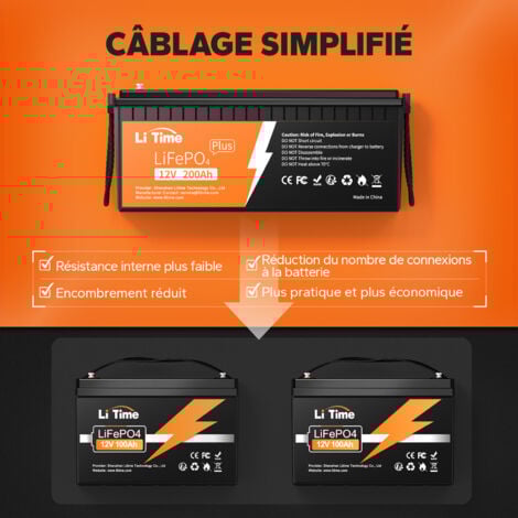 LiTime Batterie Lithium LiFePO4 12V 200Ah PLUS Batterie solaire et éolienne Stockage avec Panneau solaire, Parfaite pour Camping-Car, Bateau, Moteur de Traîne- 1 PCS
