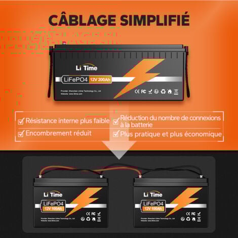 LiTime Batterie Lithium LiFePO4 12V 200Ah Batterie solaire et éolienne 2560Wh Stockage avec Panneau solaire Parfaite pour Camping-Car, Bateau, Moteur de Traîne- 1Pcs