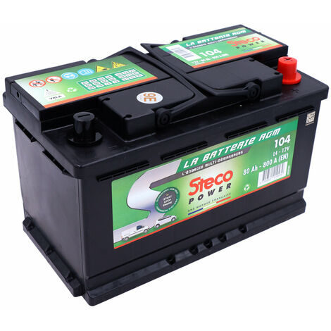 Stecopower – Batterie AGM 12V 80Ah 800A – Dimensions 315x175x190mm – Performance Stop/Start pour véhicules haut de gamme