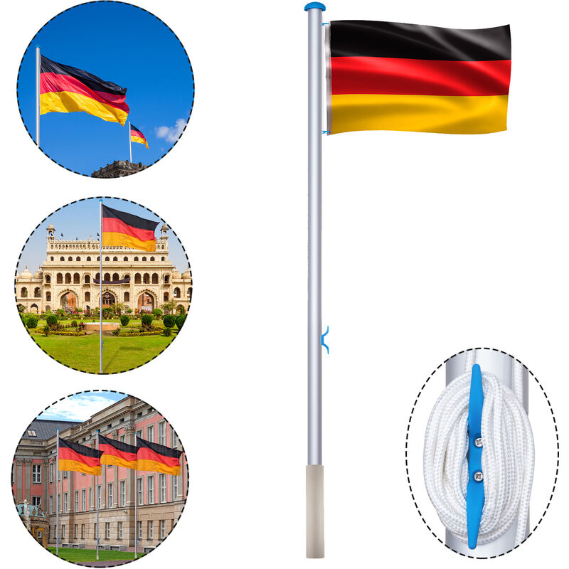 Aluminium Fahnenmast 6,50m mit Deutschlandfahne Flagge, Seilzug und  Bodenhülse witterungsbeständigem Flaggenmast höhenverstellbar für draussen,  HENGMEI