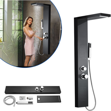 Duschsäulen mit Thermostat Duschpaneel Duschsystem Edelstahl Duscharmatur Duschset mit Regendusche, Massagedusche, Wasserfalldusche, Handbrause (Schwarz), HENGMEI