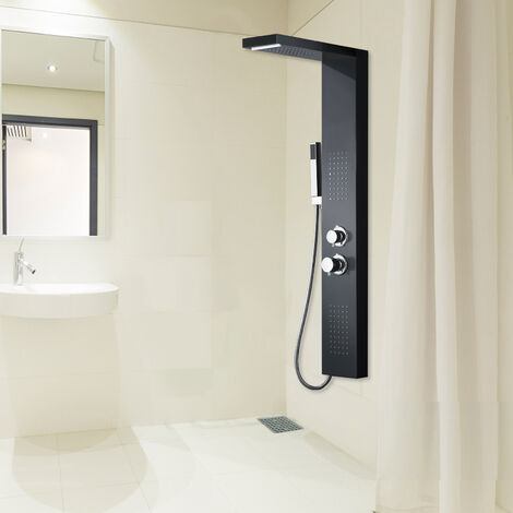 Duschsäulen mit Thermostat Duschpaneel Duschsystem Edelstahl Duscharmatur Duschset mit Regendusche, Massagedusche, Wasserfalldusche, Handbrause (Schwarz), HENGMEI
