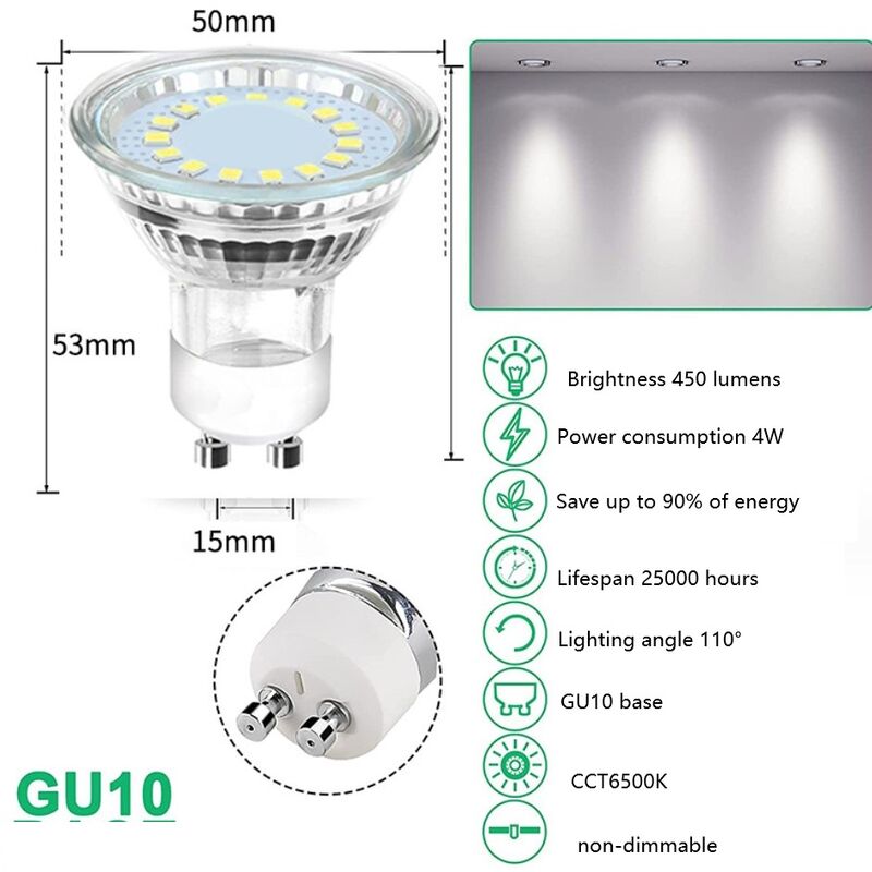 Ampoule LED GU10, 4 W, 450 lm, blanc froid 6 500 K, faisceau large
