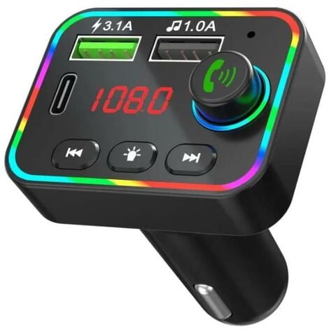 Transmetteur FM Bluetooth pour Voiture,QC3.0 Chargeur Rapid Voiture,2 USB  Port, 7 Couleurs Rétro-Éclairage LED