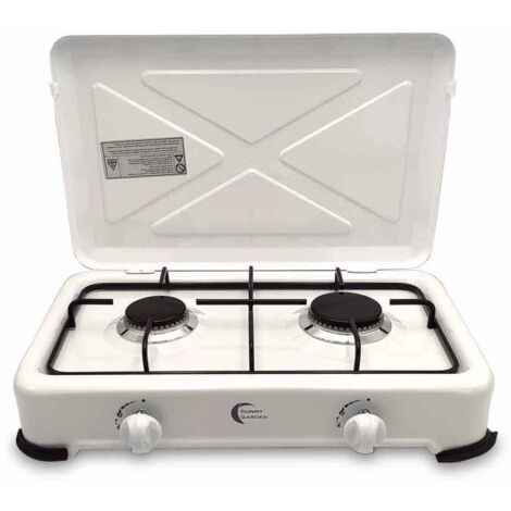 FACILITYS - Hornillo de gas portátil de 2 fuegos - Ideal para acampadas, actividades al aire libre y viajes - Color: blanco