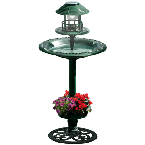 TERRE JARDIN - TERRE JARDIN - Fuente bebedero para pájaros con pie - Comedero, posadero, lámpara solar LED, maceta integrada, 90 cm, resina efecto hierro fundido