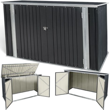 TERRE JARDIN - Caseta de jardín con doble puerta, caja de almacenamiento de acero galvanizado gris, caja metálica para bicicletas y herramientas, cubierta de cubo de basura con techo corredizo, 210 x
