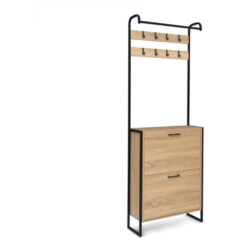 FACILITYS - Guardarropa de entrada con perchero y zapatero de metal y efecto madera