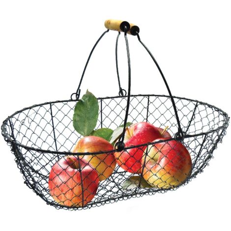 TERRE JARDIN - TERRE JARDIN - Cesta Cosecha, 8 L, en Metal Negro - Cesta Recoge Frutas, Asas Madera - Cesta Recoge Frutas