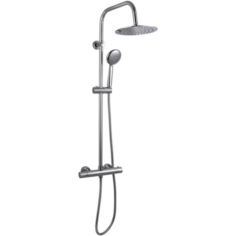 Eurosanit – Colonne de douche thermostatique chromée – Pomme haute 230mm – Douchette 100mm avec 3 jets – Flexible 1,5m – Inverseur anti-brûlure 38°C (1/5)
