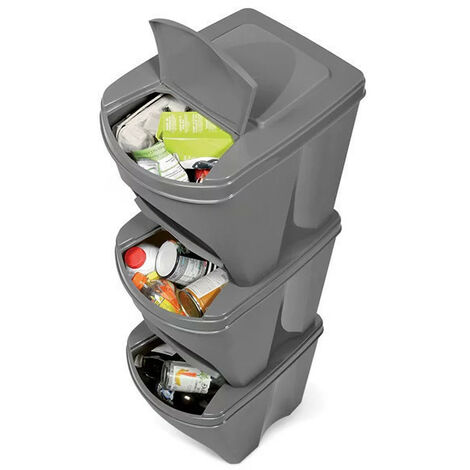 Lot de 3 poubelles de recyclage / tri en plastique gris - 25L (1/2)