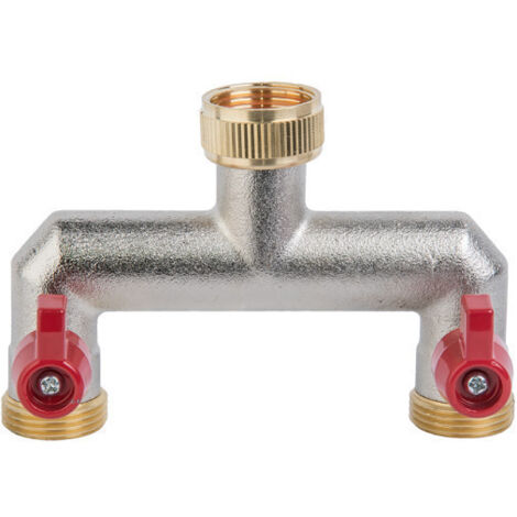 Robinet 2 voies LAITON nickelé fil. 3/4" Fem. sortie 2x 3/4" mâle + vanne d'arrêt