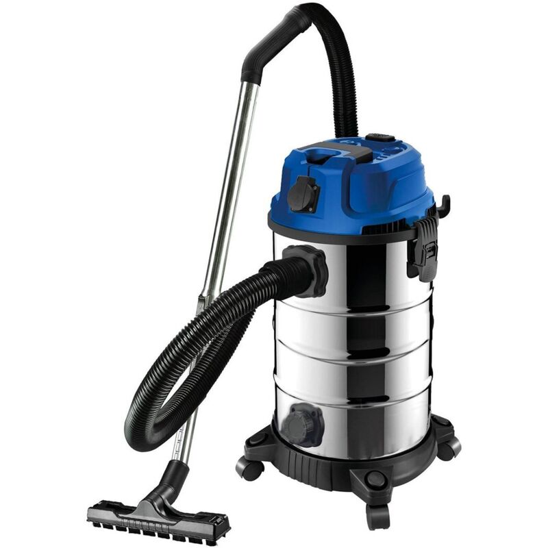 NEWTON Bidone aspirasolidi e liquidi 30 lt, potenza 1200w, con fusto in  acciaio inox e presa per elettroutensili, incluso tubo flessibile, spazzola  per aspiratore, filtro, foro uscita liquidi