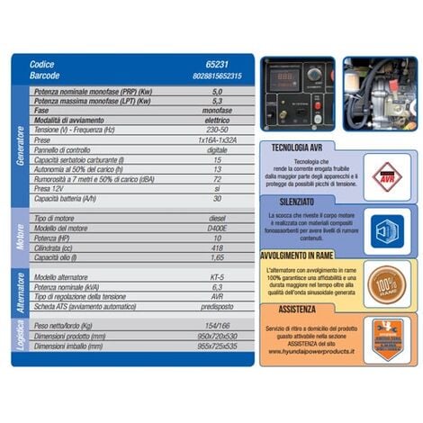 Generatore di corrente diesel 5,2 Kw Hyundai silenziato 65231