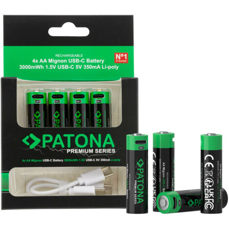 PATONA Premium USB-C 4x AA Akkus Lithium 1.5V 3000mWh aufladbar mit 1 zu 2 USB-C Ladekabel