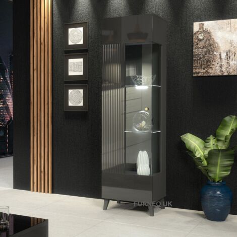 Furneo Grey Display Cabinet Storage Modern Glass Cupboard High Gloss & Matt Azzurro12G White LED Lights