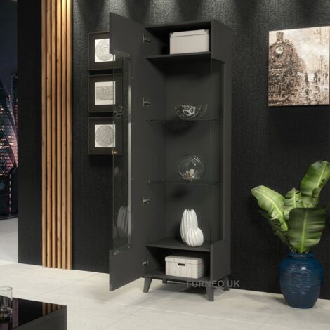 Furneo Grey Display Cabinet Storage Modern Glass Cupboard High Gloss & Matt Azzurro12G White LED Lights