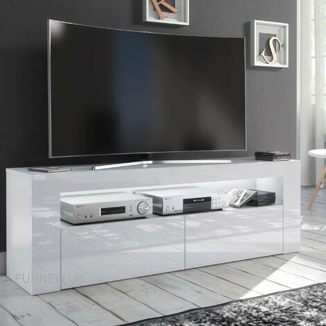 Furneo White TV Stand 145cm Unit Cabinet Matt & High Gloss Clifton13 White LED Lights (1/3)