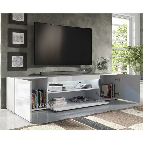 Furneo 200cm Long TV Stand Unit Cabinet Matt & High Gloss White Clifton08 White LED Lights