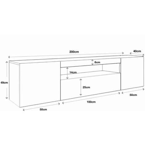 Furneo 200cm Long TV Stand Unit Cabinet Matt & High Gloss White Clifton08 White LED Lights