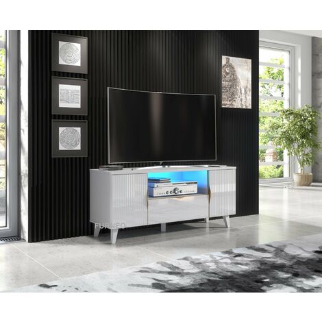 Furneo White TV Stand 120cm Unit Cabinet Matt & High Gloss Azzurro08 Brushed Gold Handles LED Lights