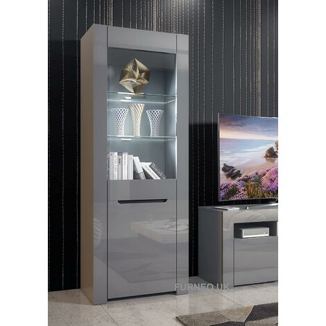 Furneo High Gloss & Matt Grey Display Cabinet Cupboard Milano09G White LED Lights