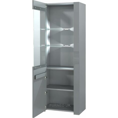 Furneo High Gloss & Matt Grey Display Cabinet Cupboard Milano09G White LED Lights