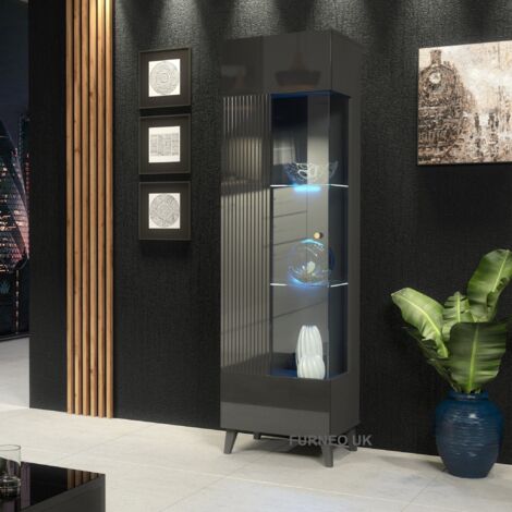 Furneo Grey Display Cabinet Storage Modern Glass Cupboard High Gloss & Matt Azzurro12G Blue LED Lights