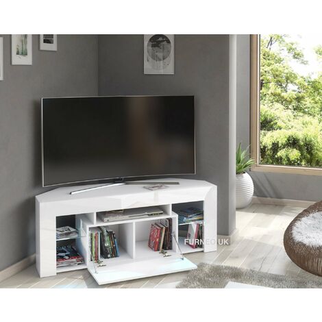 Furneo White Corner TV Stand 125cm Unit Cabinet Matt & High Gloss Milano05 White LED Lights
