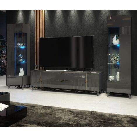 Furneo Grey Living Room Set TV Stand Display Cabinets High Gloss & Matt Azzurro10/12G Blue LED Lights (1/4)
