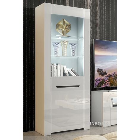 Furneo High Gloss & Matt White Display Cabinet Cupboard Milano09 White LED Lights