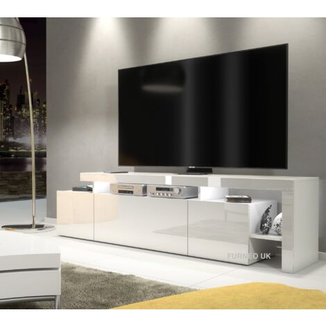 Furneo White TV Stand 186cm Unit Matt & High Gloss Indisio01 White LED Lights (1/3)